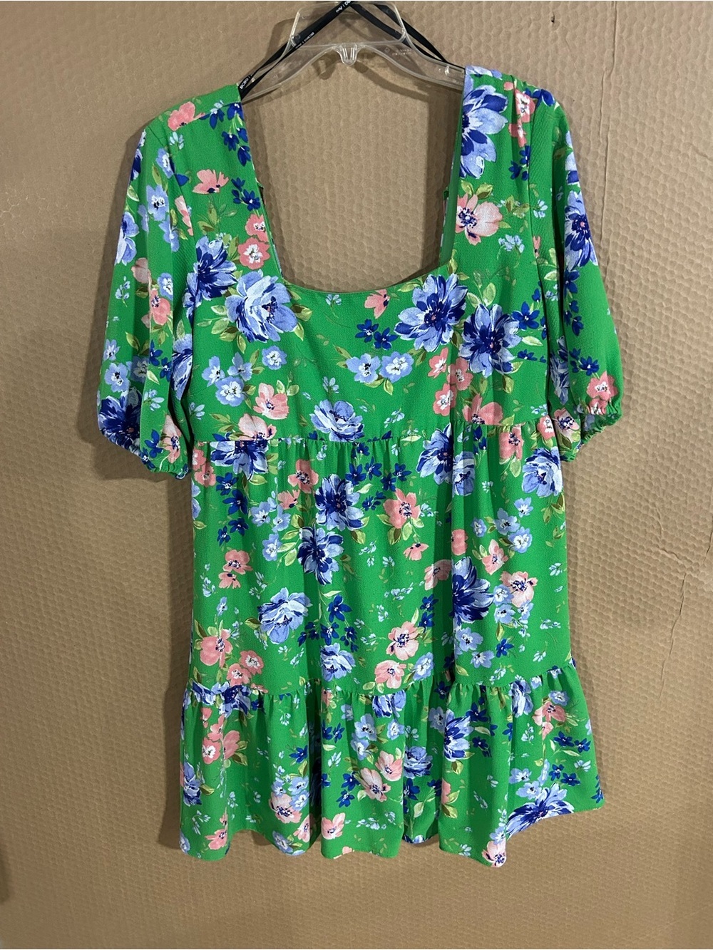 BCBG Paris Green Floral Mini Dress with Blue and Pink Blooms